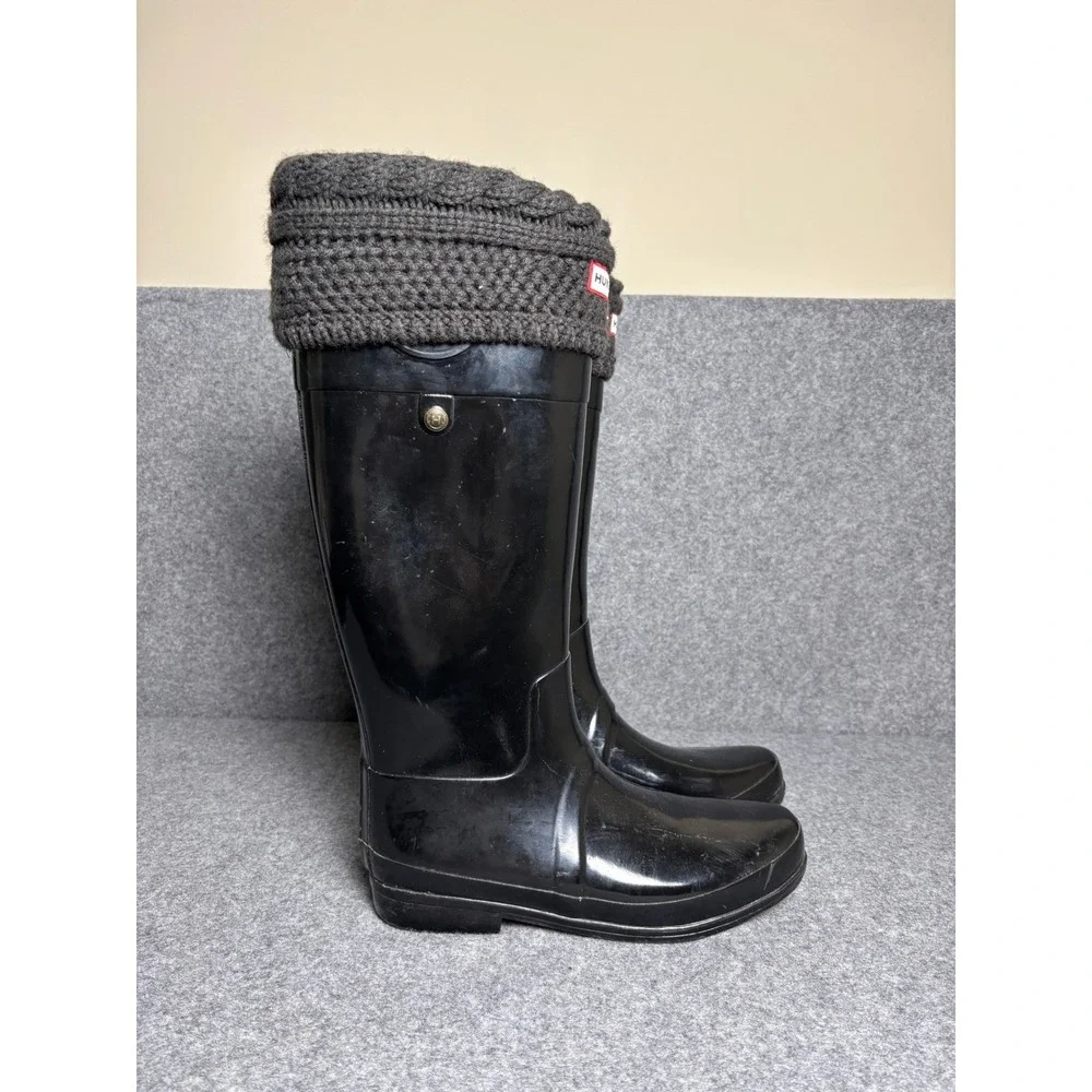 Hunter Women's Black Rain Boots with Charcoal Knit Cuffs